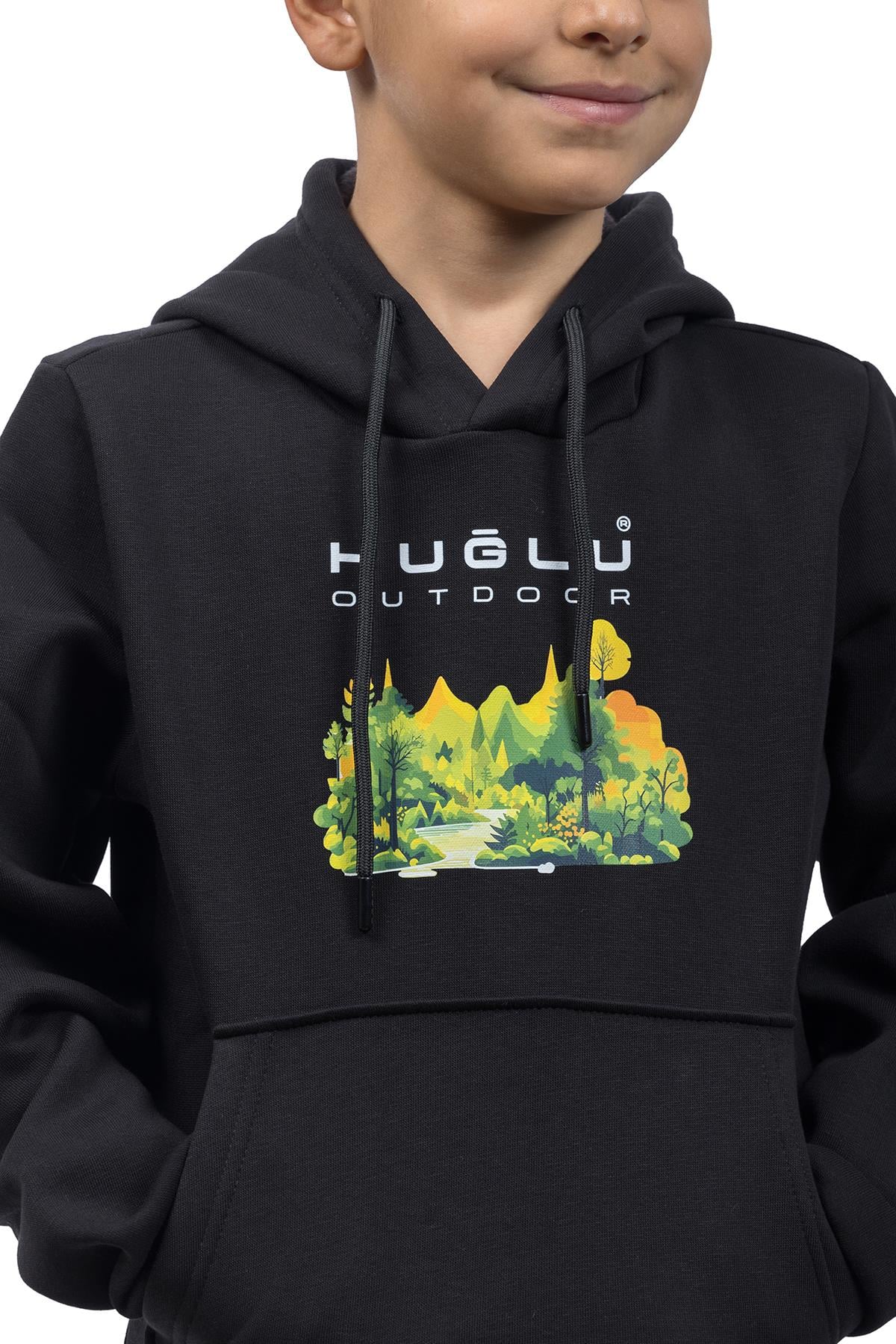 hugluoutdoorSiyah Kapüşonlu Çocuk Sweatshirt  Orman Temalı