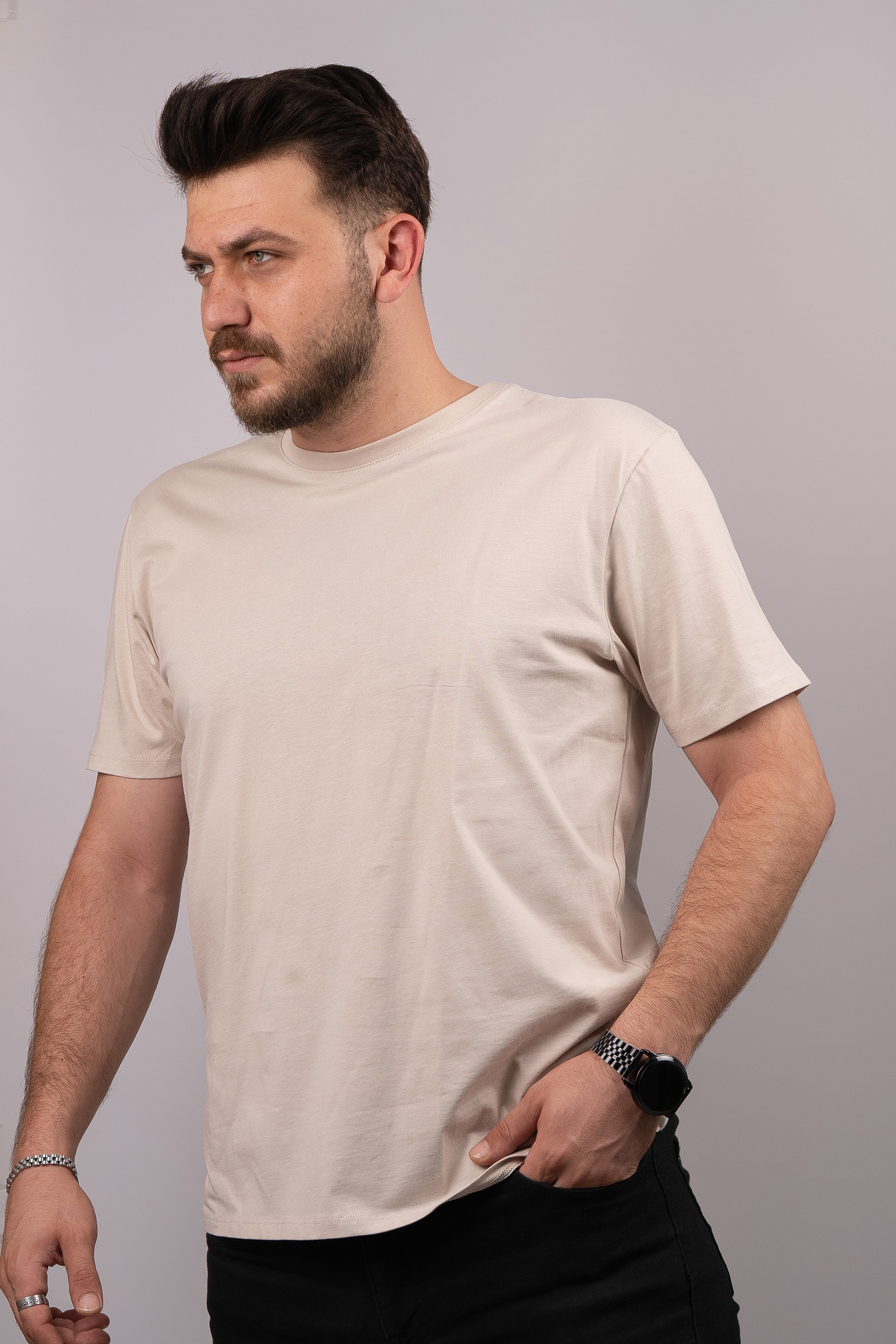Huğlu Outdoor Fit Kalıp Baskısız Bej T-shirt