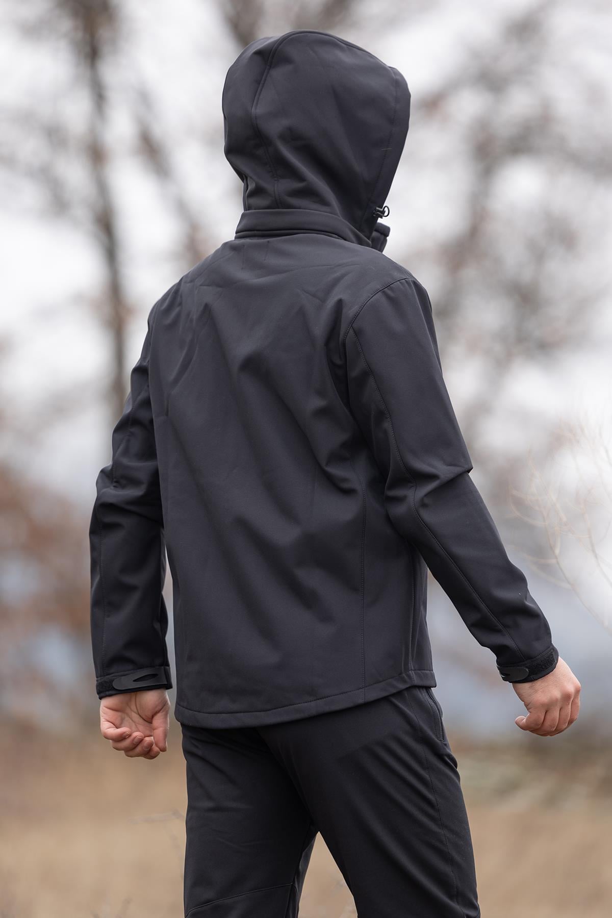 hugluoutdoorSiyah Kapüşonlu Softshell Mont