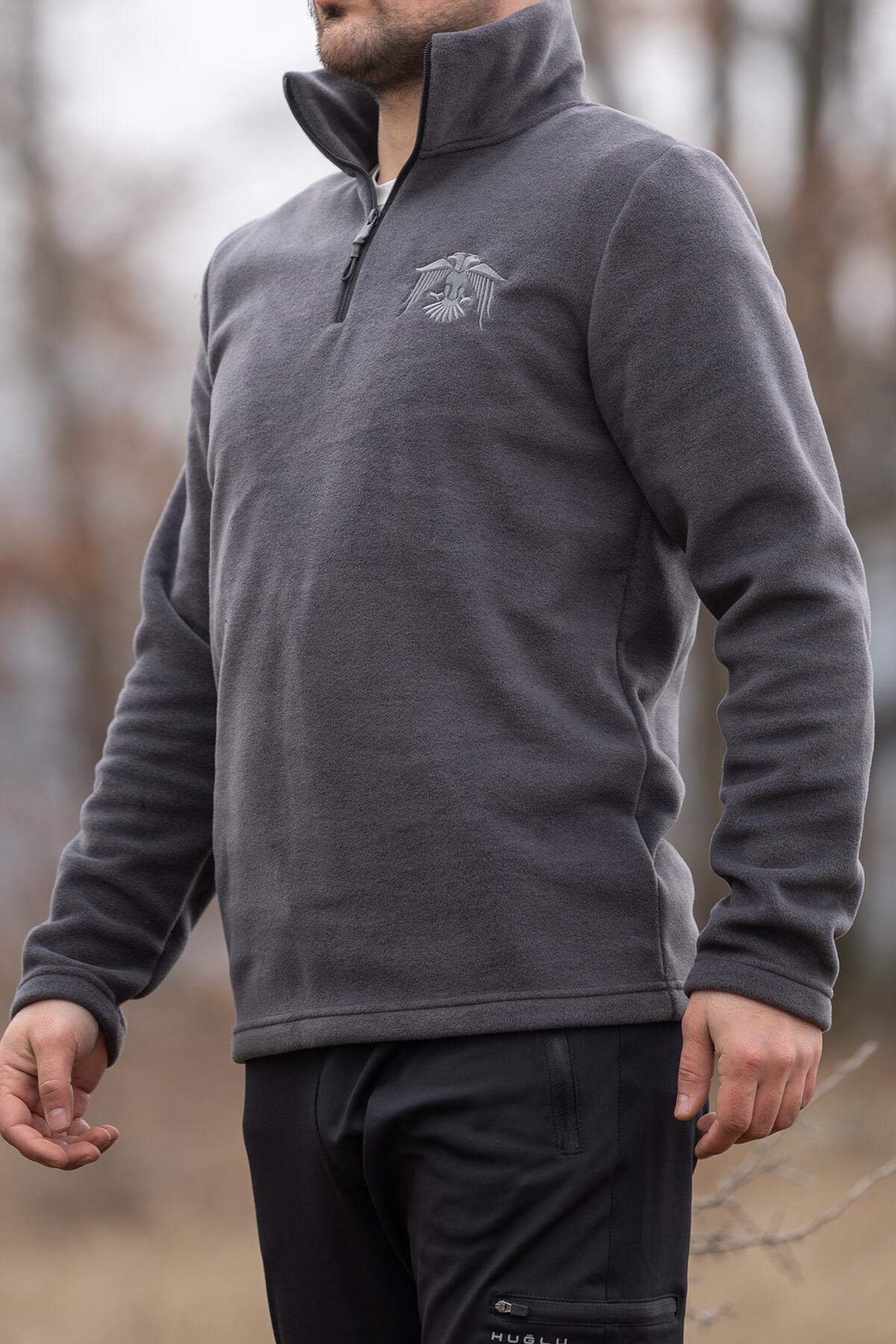 hugluoutdoorKoyu Gri Polar Sweatshirt Kartal Nakışlı 