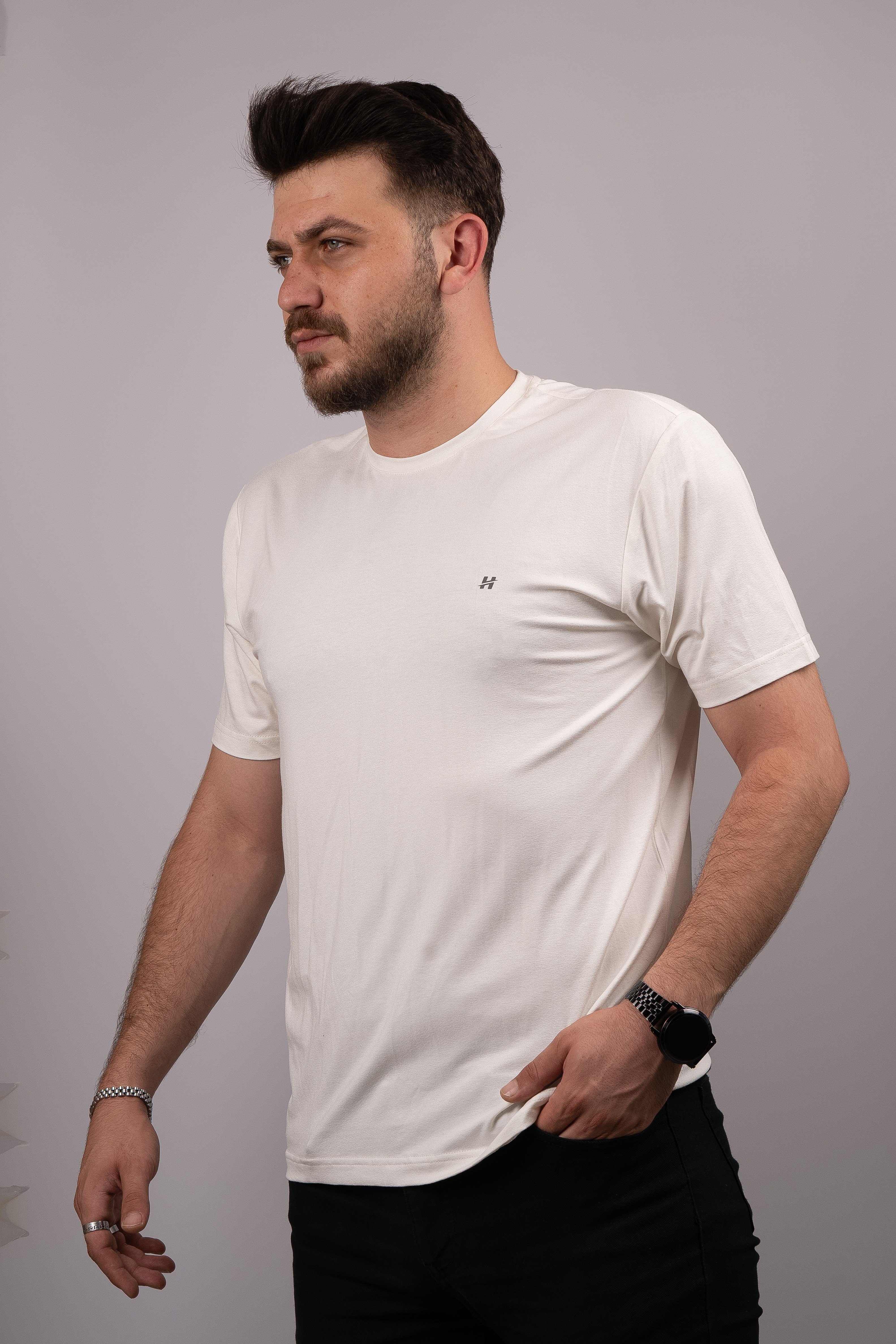 Huğlu Outdoor Ekru Viskon Basic T-shirt