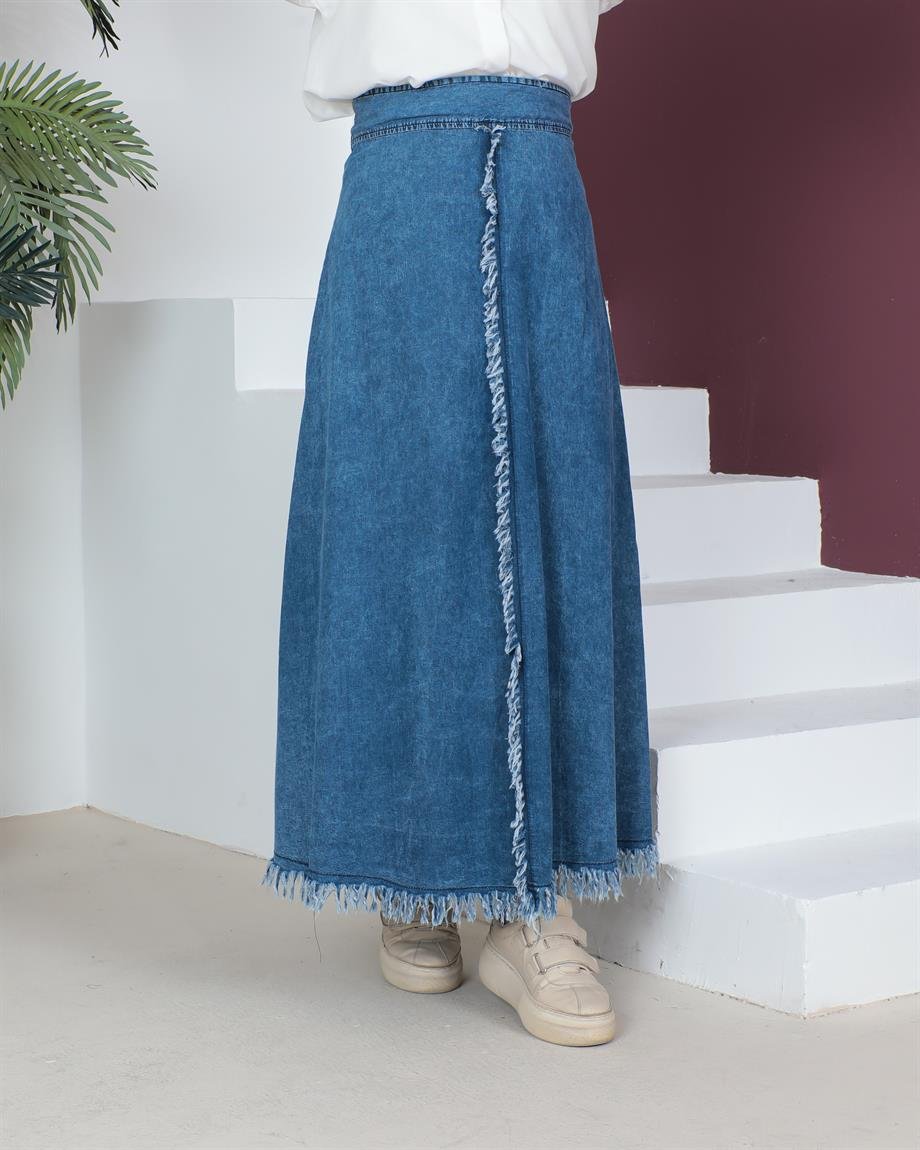  Fırfır Detaylı Tesettür Açık Kar Yıkama Kot Etek