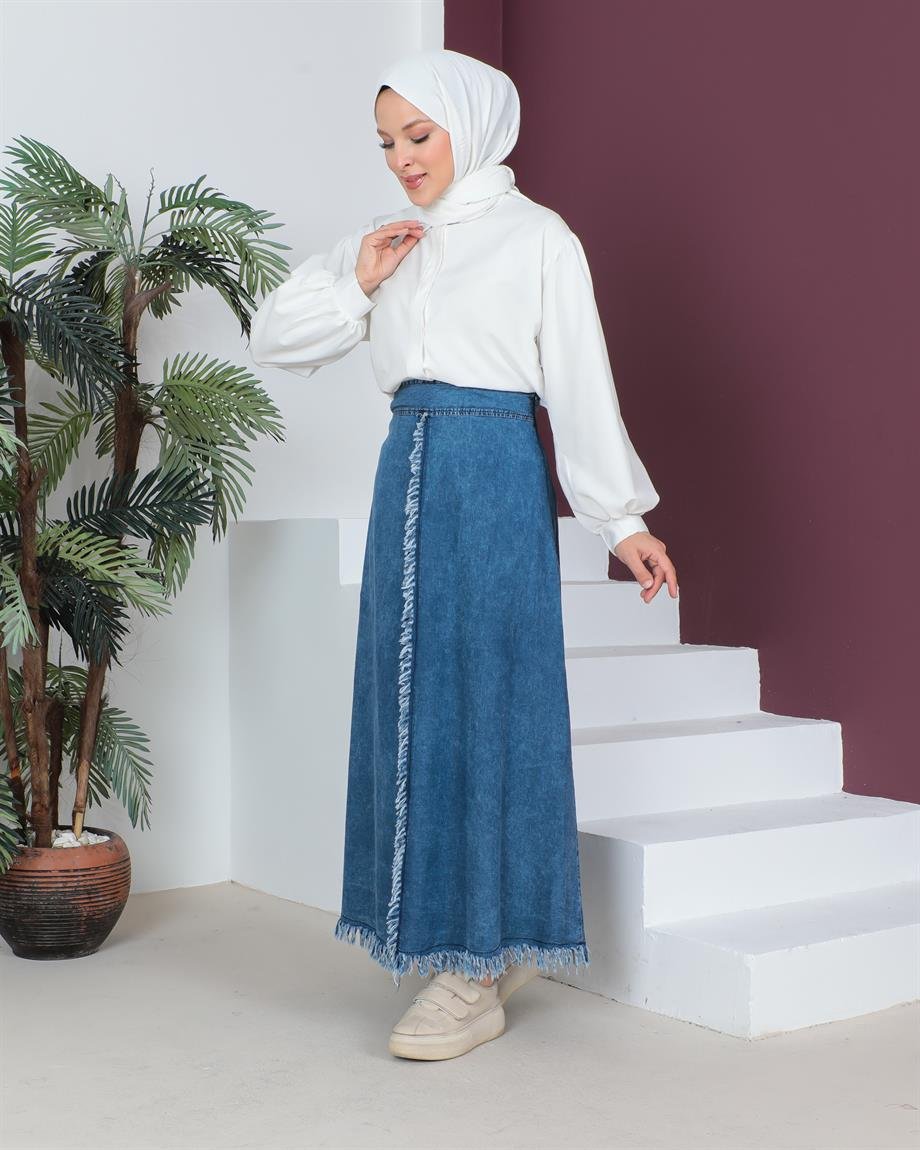  Fırfır Detaylı Tesettür Açık Kar Yıkama Kot Etek