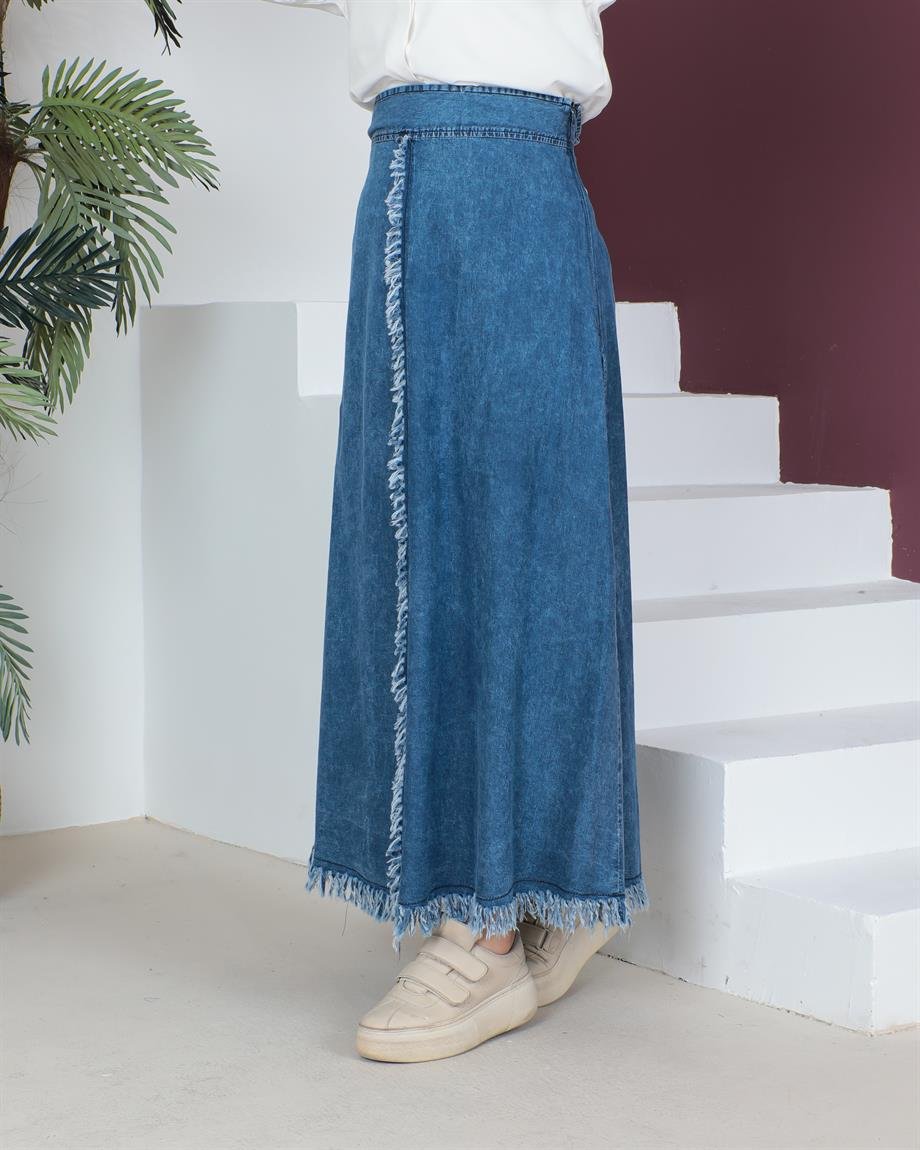  Fırfır Detaylı Tesettür Açık Kar Yıkama Kot Etek