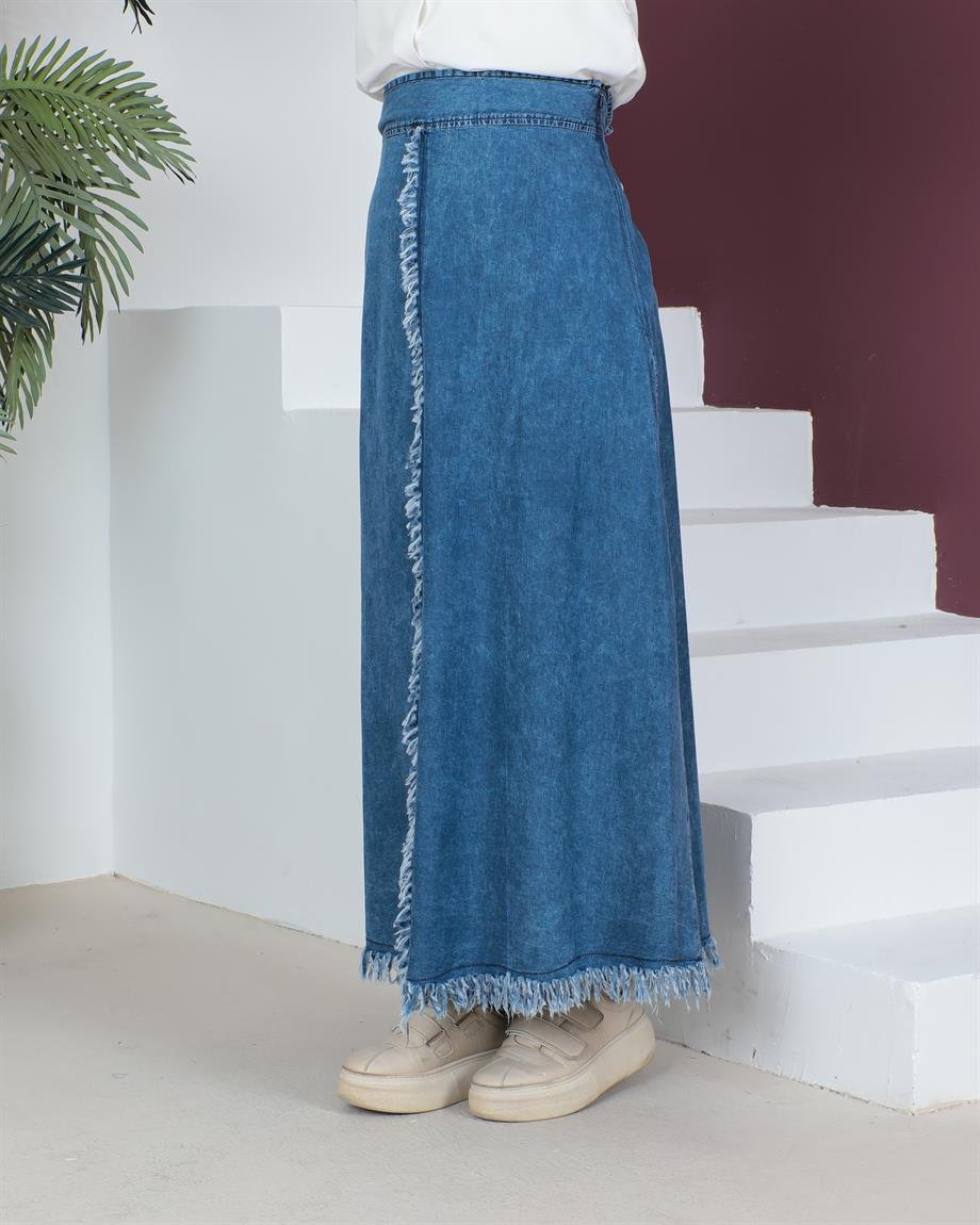  Fırfır Detaylı Tesettür Açık Kar Yıkama Kot Etek