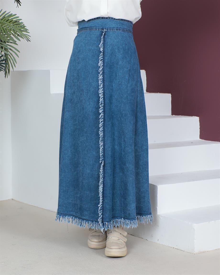  Fırfır Detaylı Tesettür Açık Kar Yıkama Kot Etek