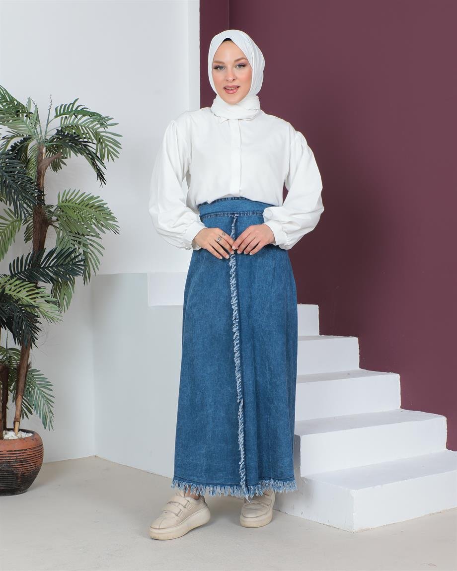 Fırfır Detaylı Tesettür Açık Kar Yıkama Kot Etek