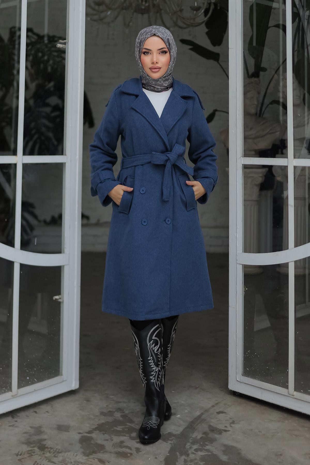 Apolet Detaylı Kaşe Kaban İndigo 