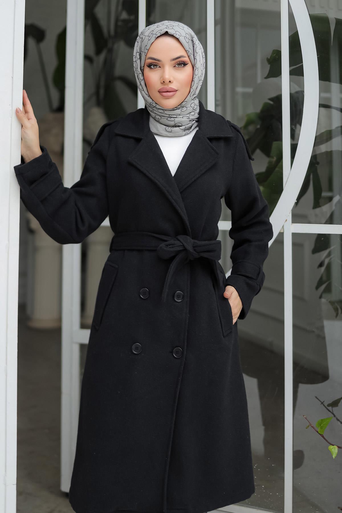 Apolet Detaylı Kaşe Kaban Siyah 