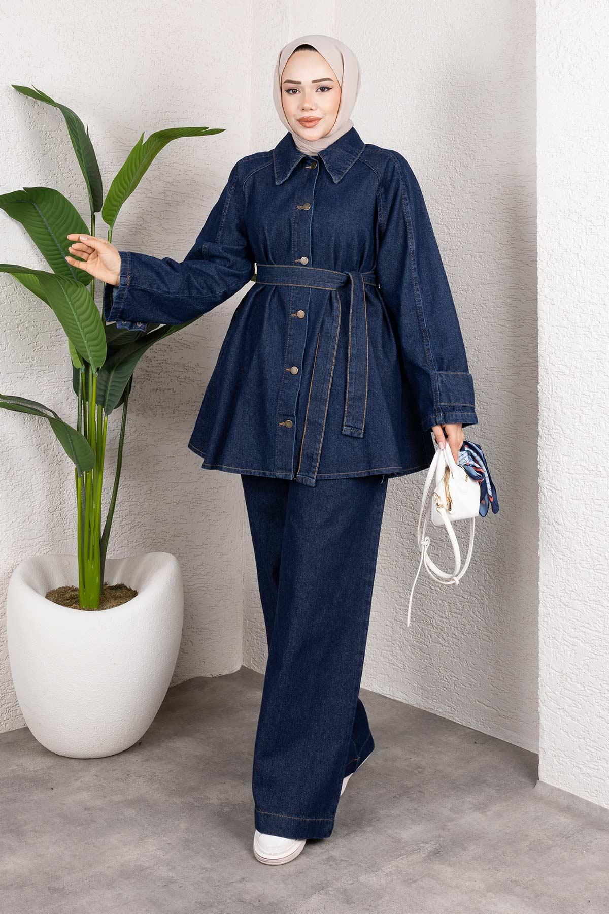 Apolet Detaylı Kot Takım Koyu Mavi