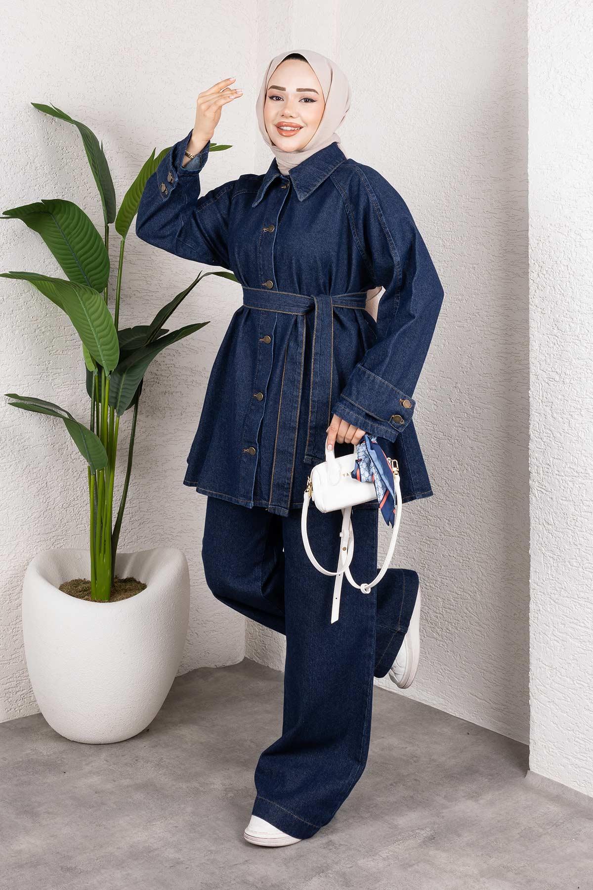 Apolet Detaylı Kot Takım Koyu Mavi