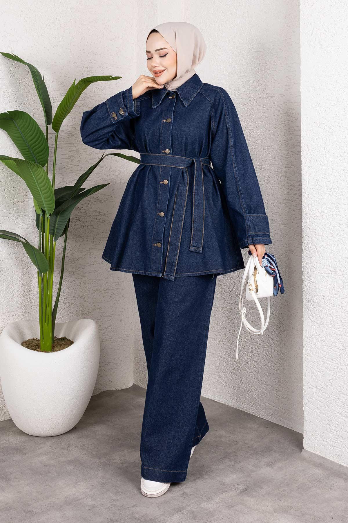 Apolet Detaylı Kot Takım Koyu Mavi