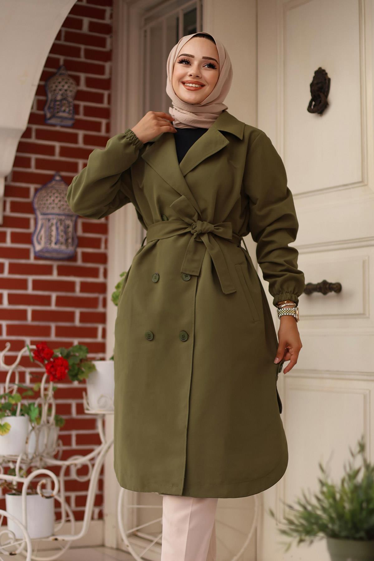 Apolet Detaylı Trençkot  Haki 4432