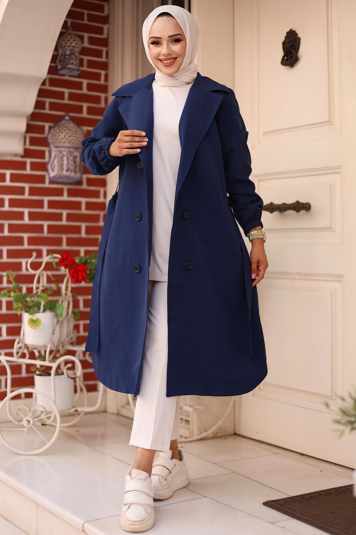 Apolet Detaylı Trençkot  İndigo 4432