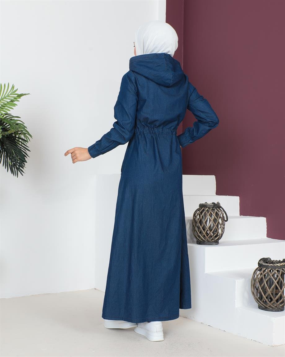 Arma Detaylı Tesettür Koyu Kot elbise 