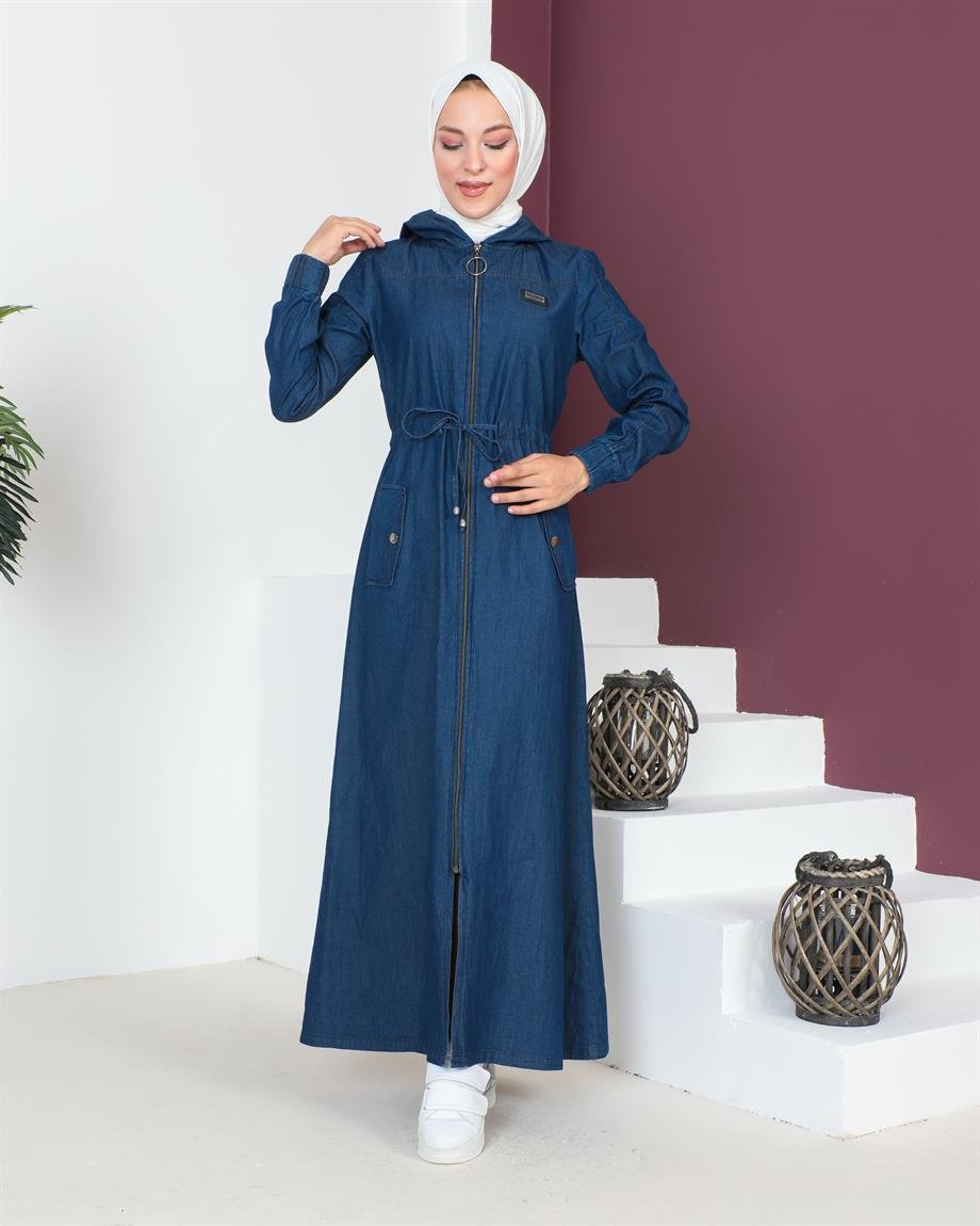 Arma Detaylı Tesettür Koyu Kot elbise 