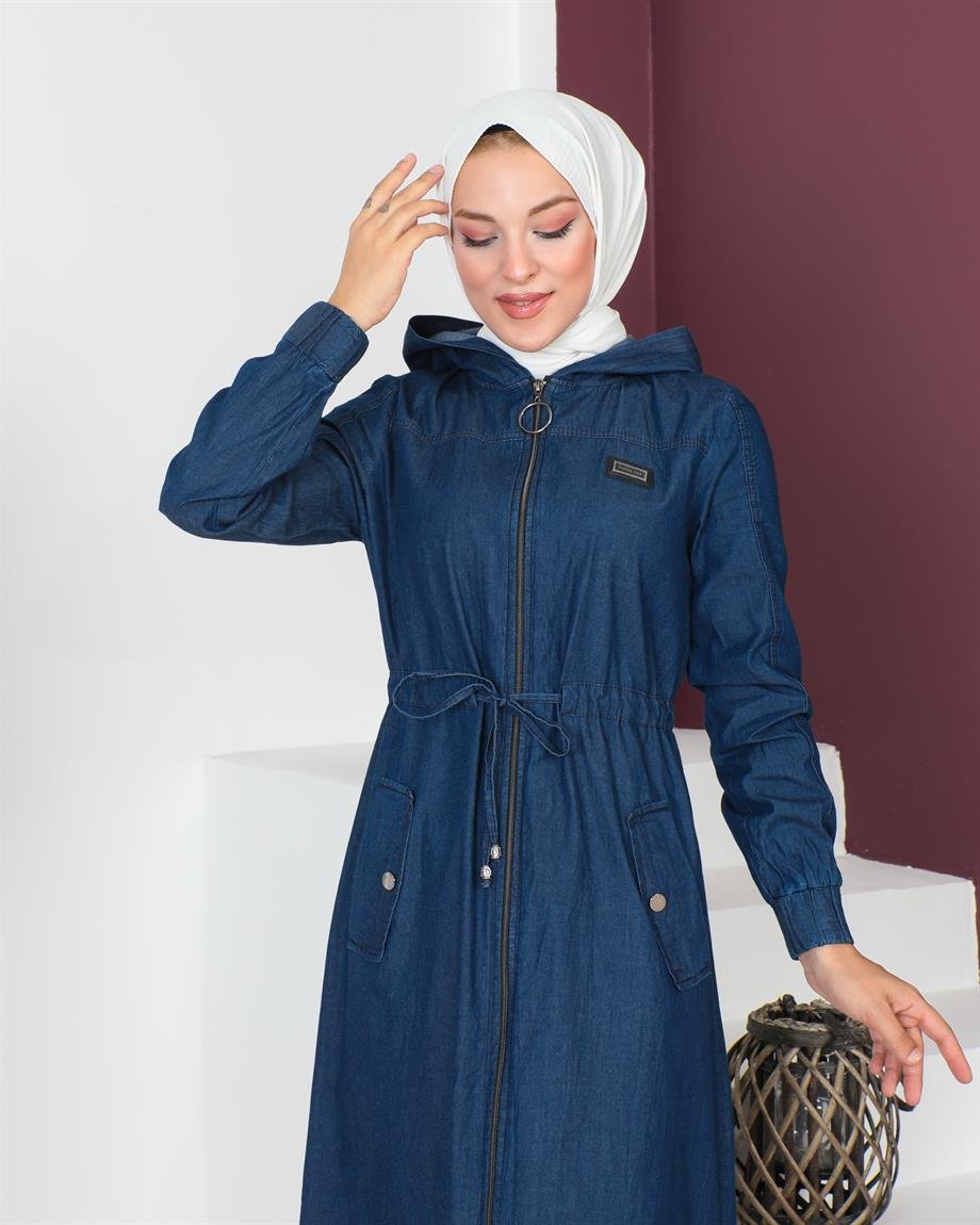 Arma Detaylı Tesettür Koyu Kot elbise 