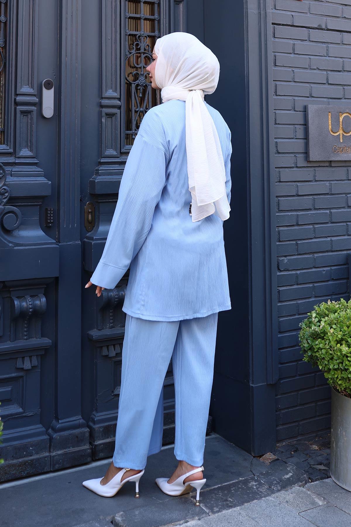 Bağlama Detaylı Kimono Takım Bebe Mavisi