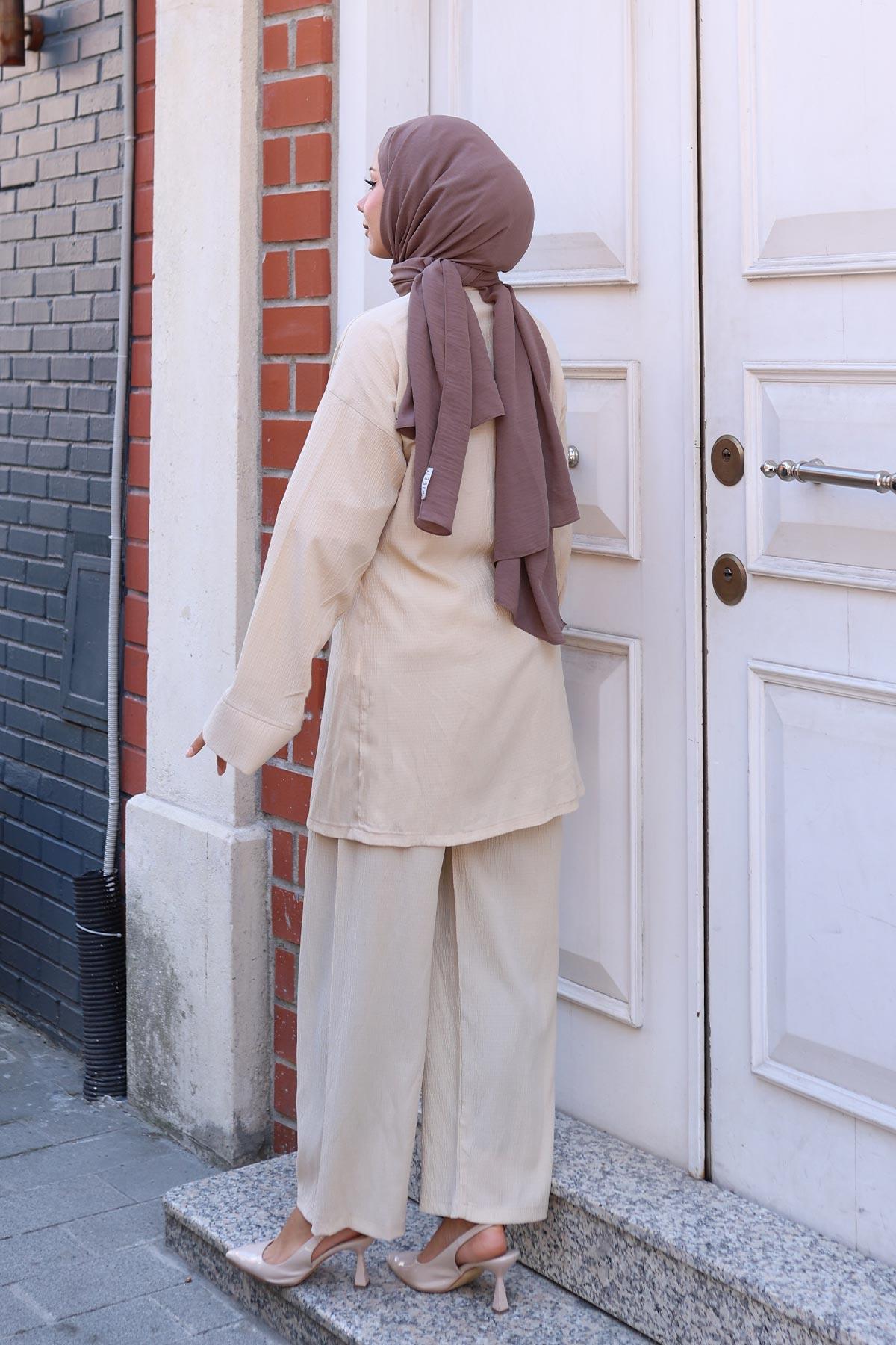 Bağlama Detaylı Kimono Takım Bej