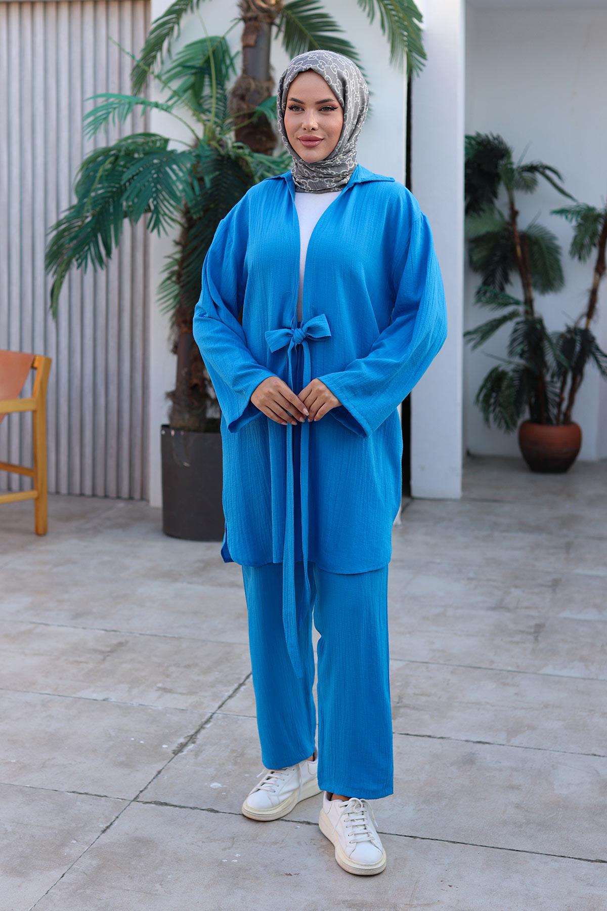 Bağlama Detaylı Kimono Takım Deniz Mavisi 1225