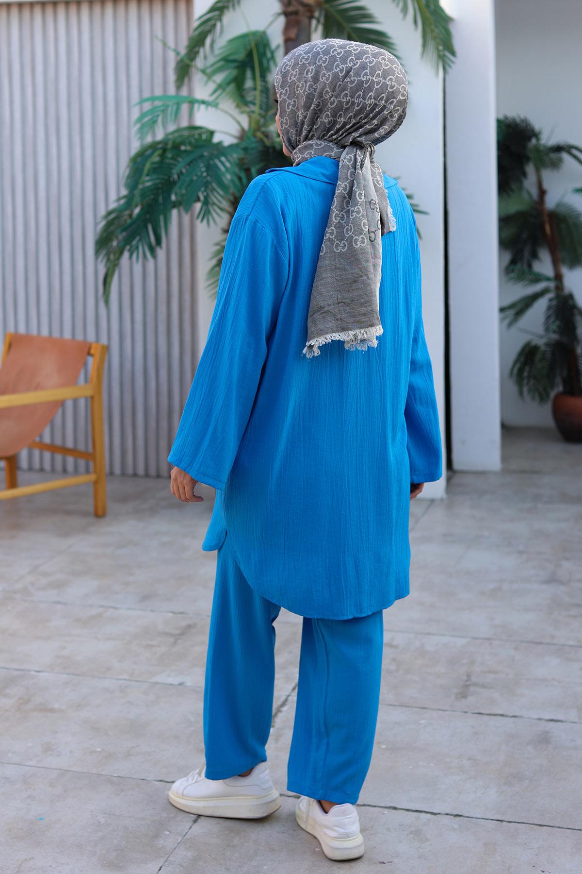 Bağlama Detaylı Kimono Takım Deniz Mavisi 1225