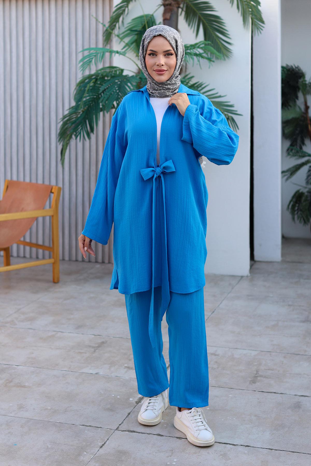 Bağlama Detaylı Kimono Takım Deniz Mavisi 1225