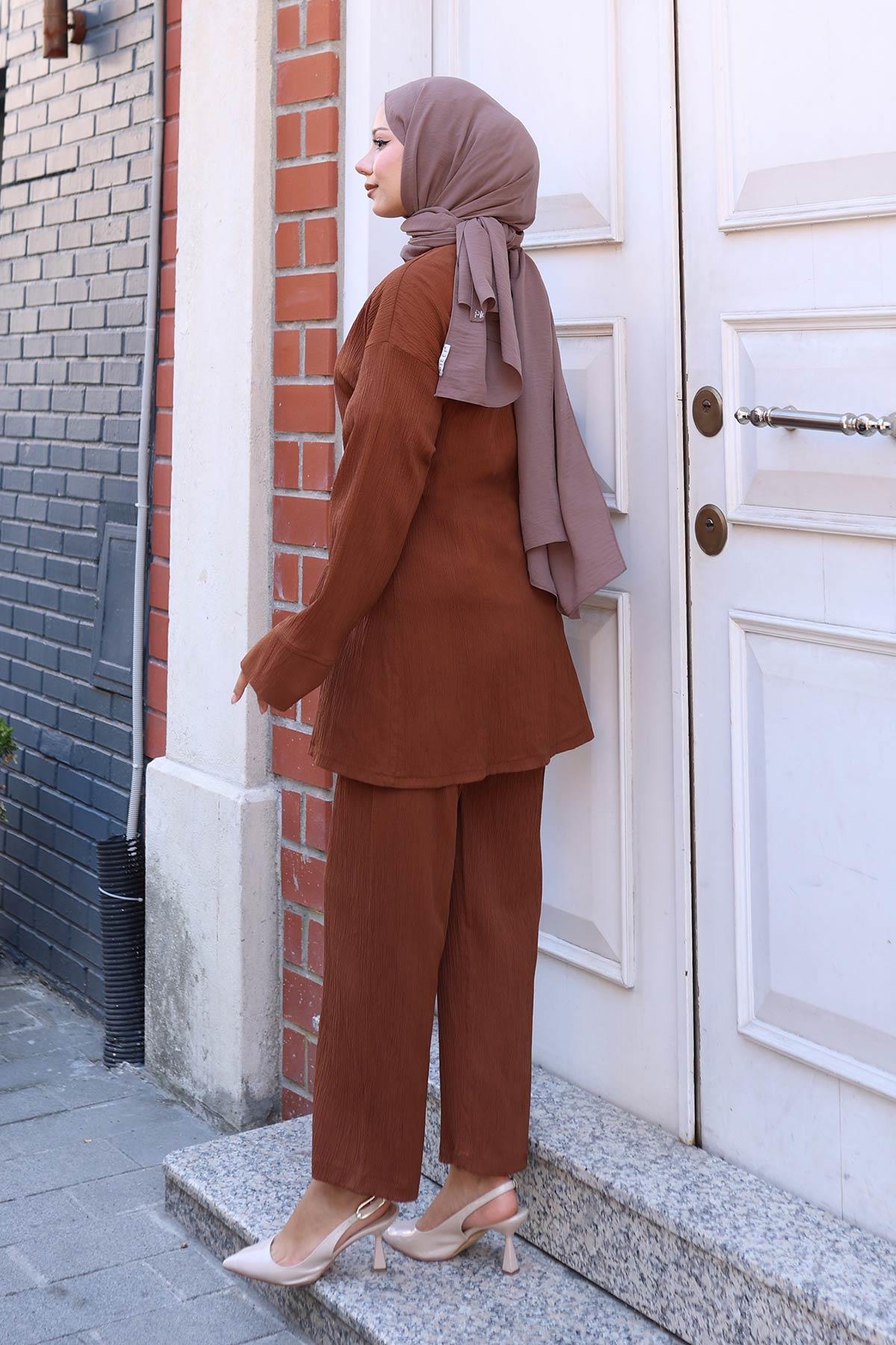 Bağlama Detaylı Kimono Takım Kahverengi
