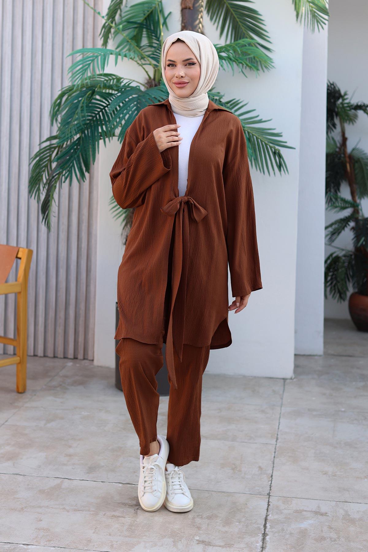 Bağlama Detaylı Kimono Takım Kahvevengi 1225