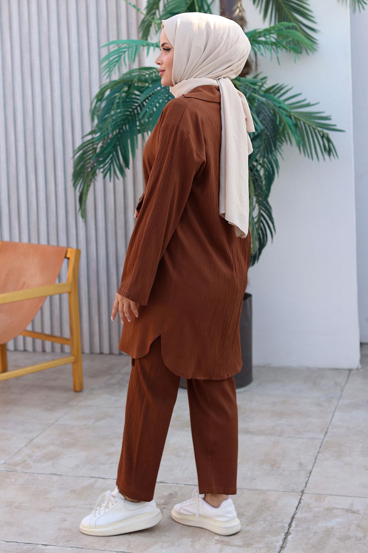 Bağlama Detaylı Kimono Takım Kahvevengi 1225