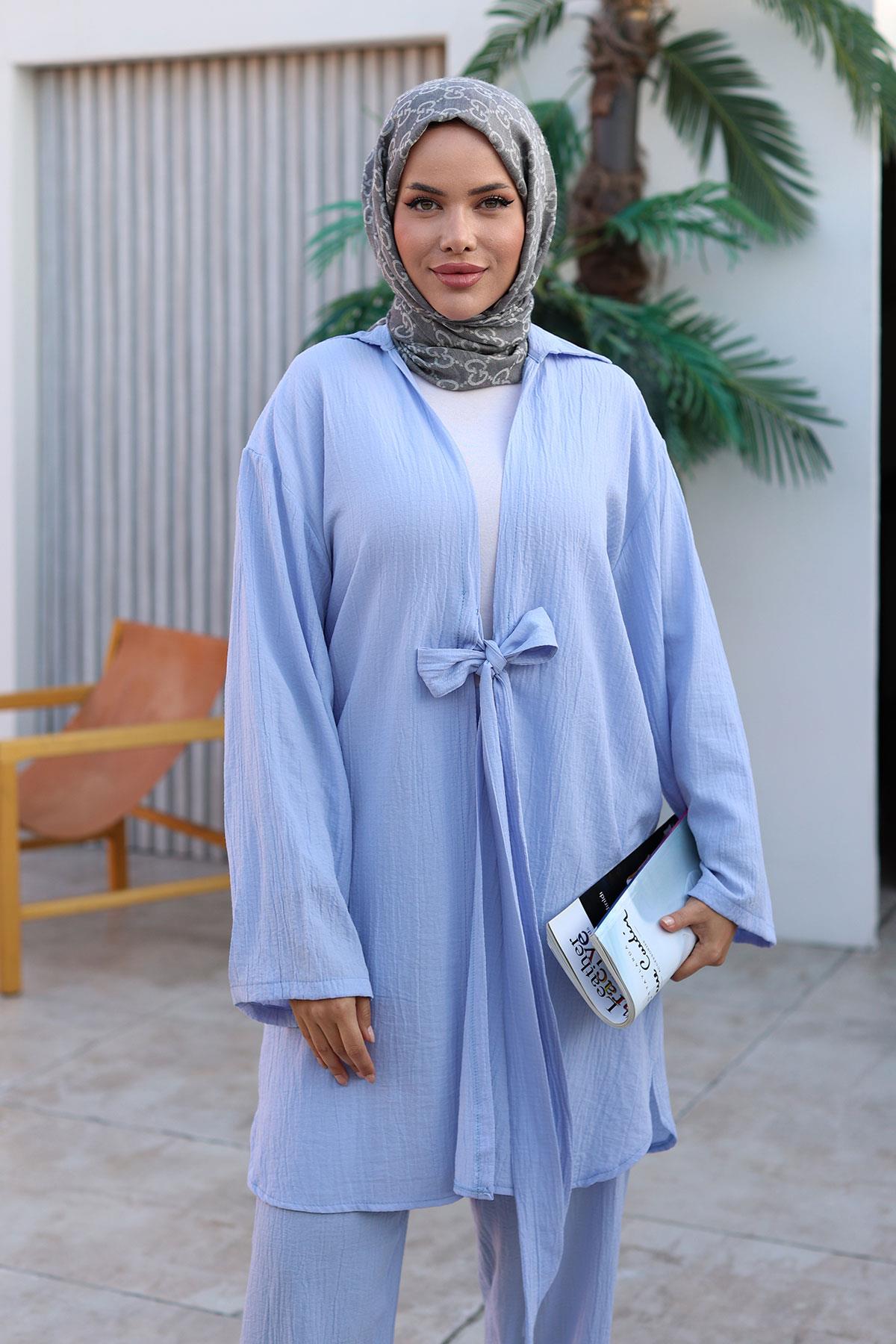 Bağlama Detaylı Kimono Takım Pastel Mavisi 1225
