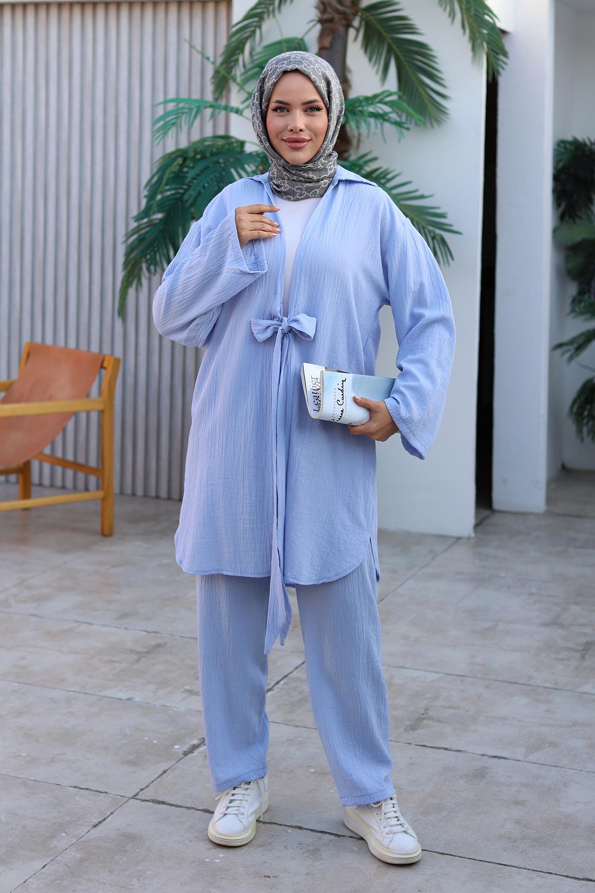 Bağlama Detaylı Kimono Takım Pastel Mavisi 1225