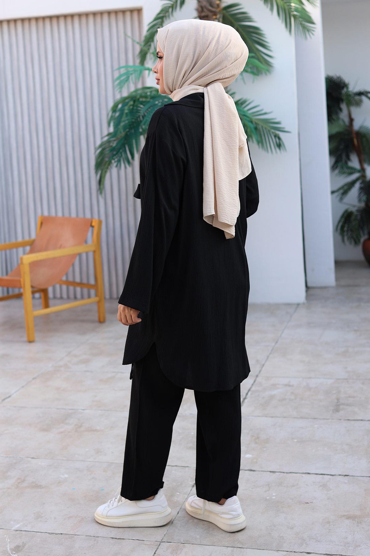 Bağlama Detaylı Kimono Takım Siyah 1225