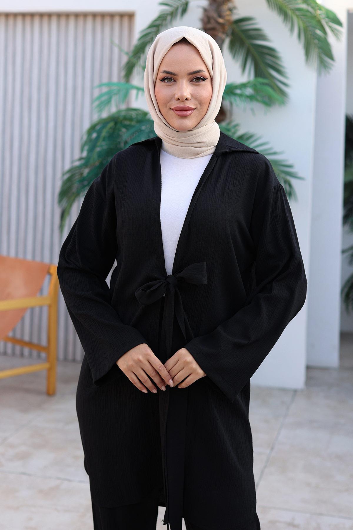 Bağlama Detaylı Kimono Takım Siyah 1225