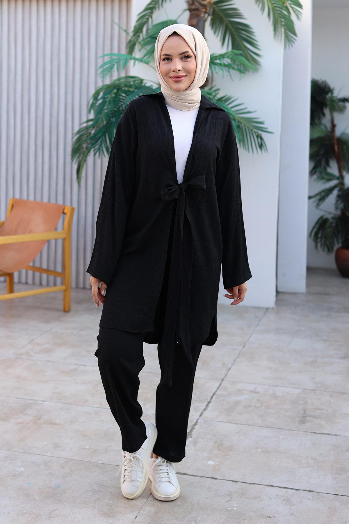 Bağlama Detaylı Kimono Takım Siyah 1225