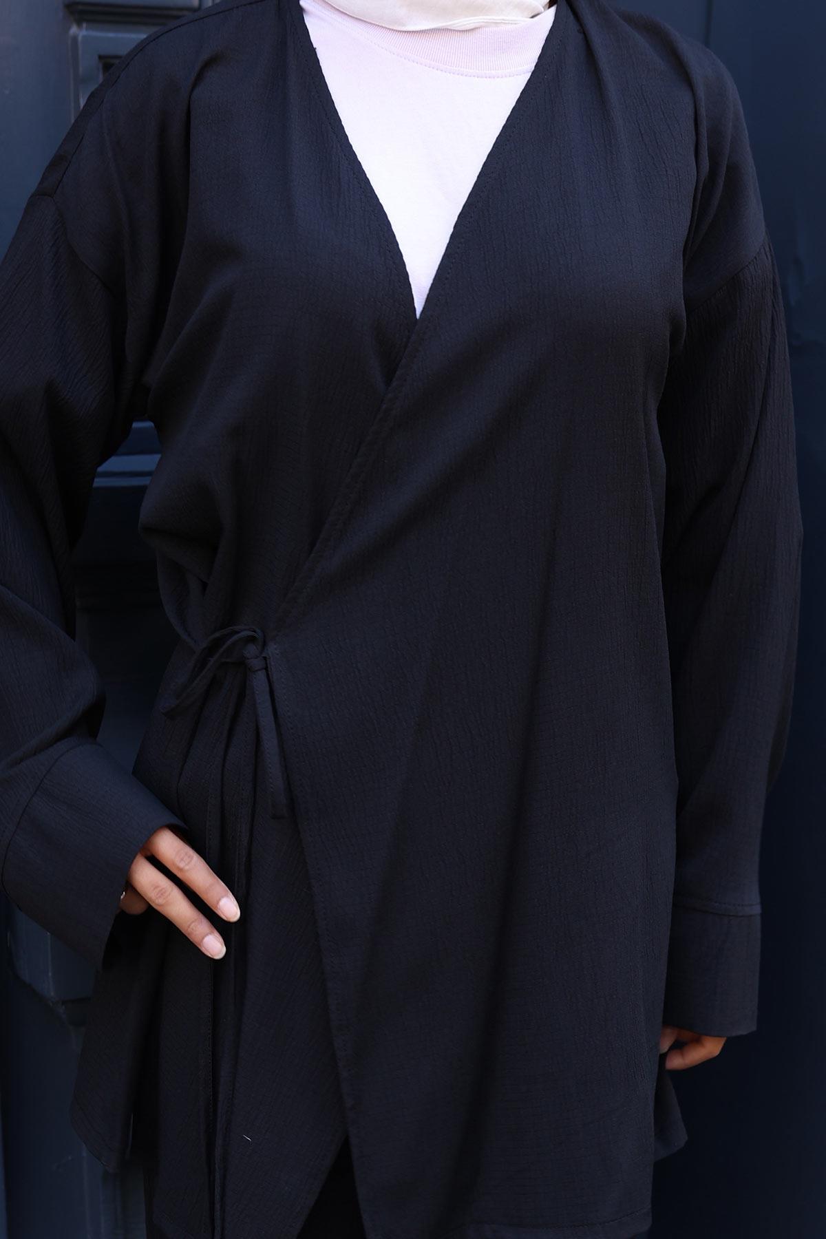 Bağlama Detaylı Kimono Takım Siyah