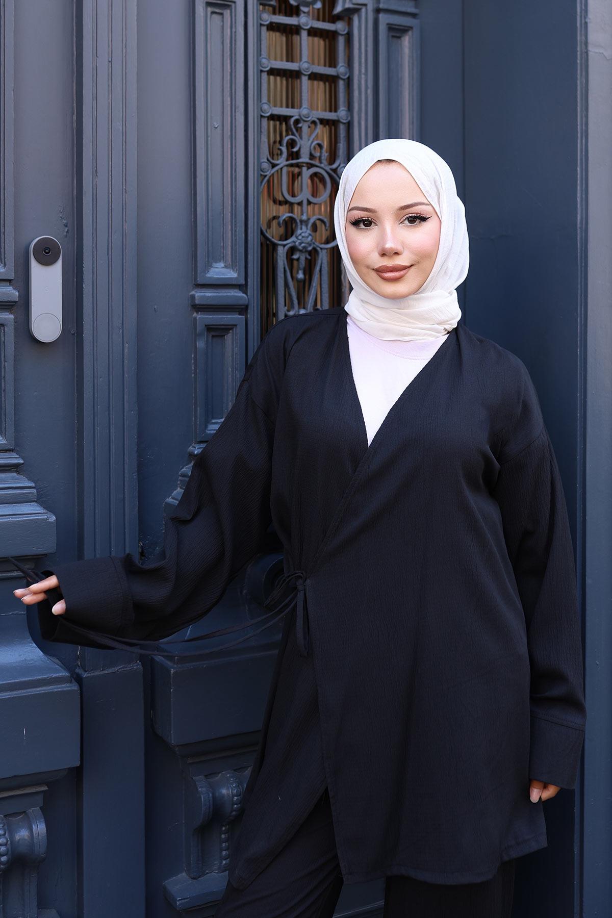 Bağlama Detaylı Kimono Takım Siyah