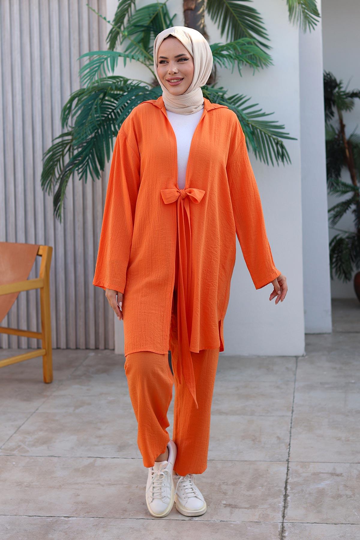 Bağlama Detaylı Kimono Takım Turuncu 1225