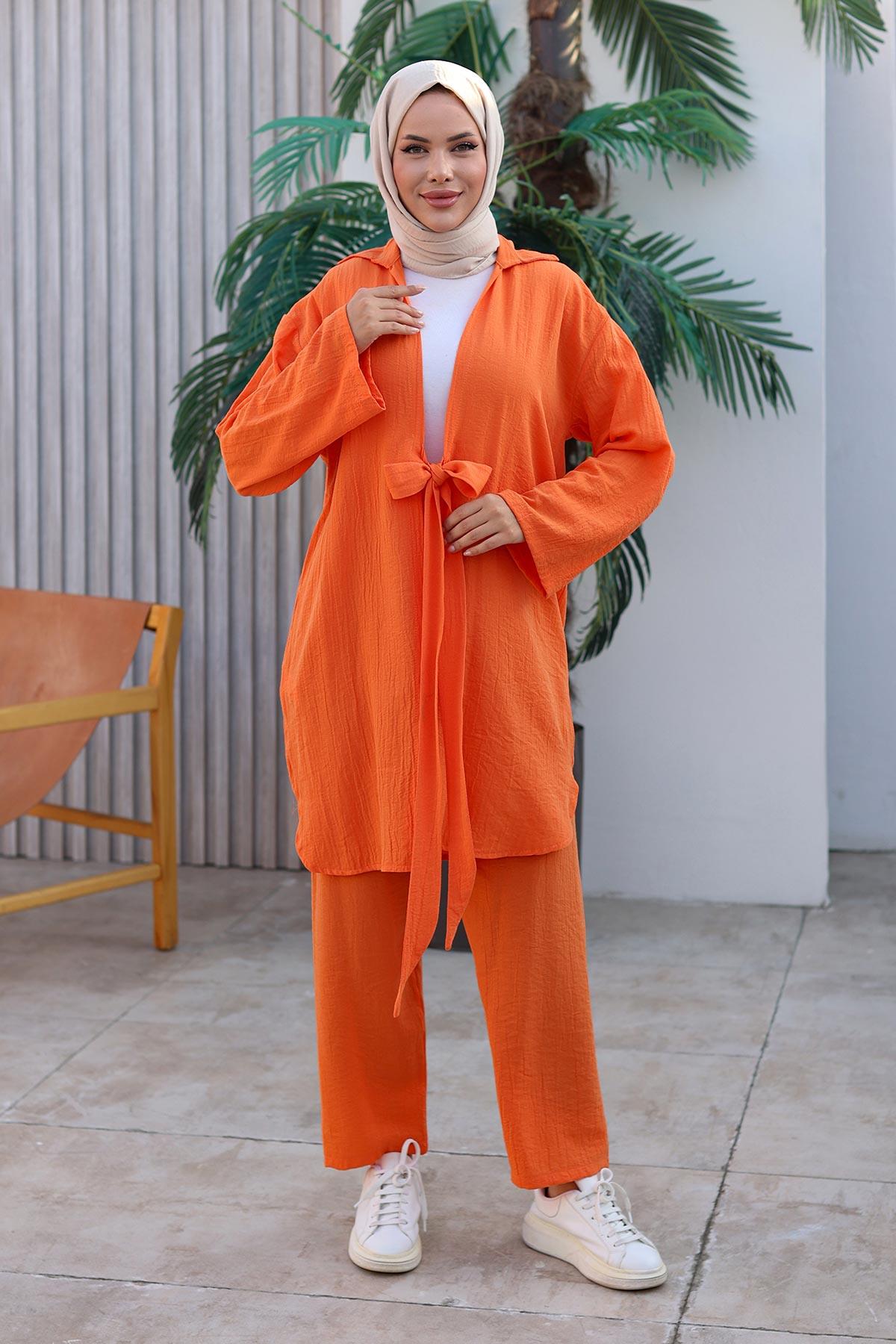 Bağlama Detaylı Kimono Takım Turuncu 1225