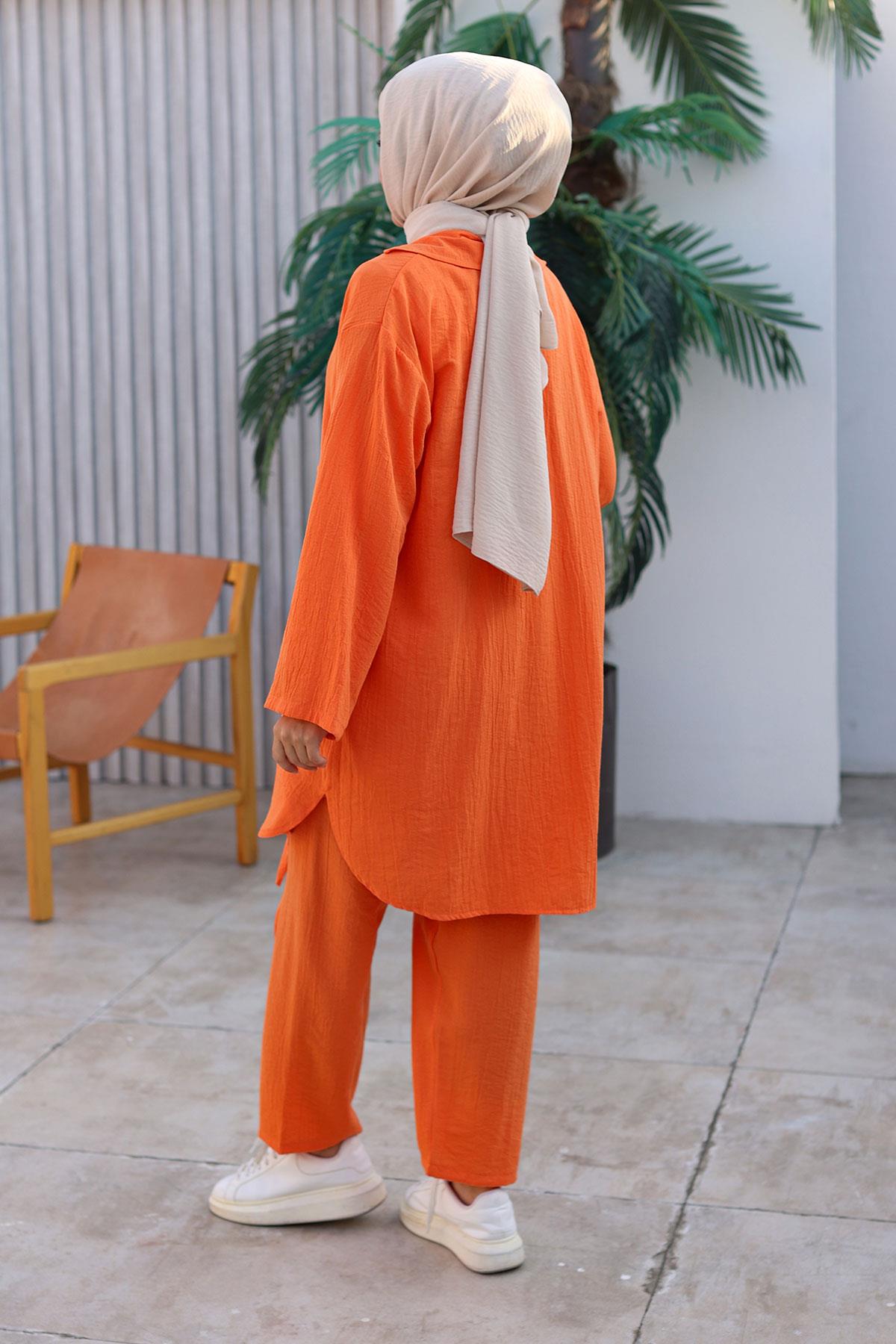 Bağlama Detaylı Kimono Takım Turuncu 1225