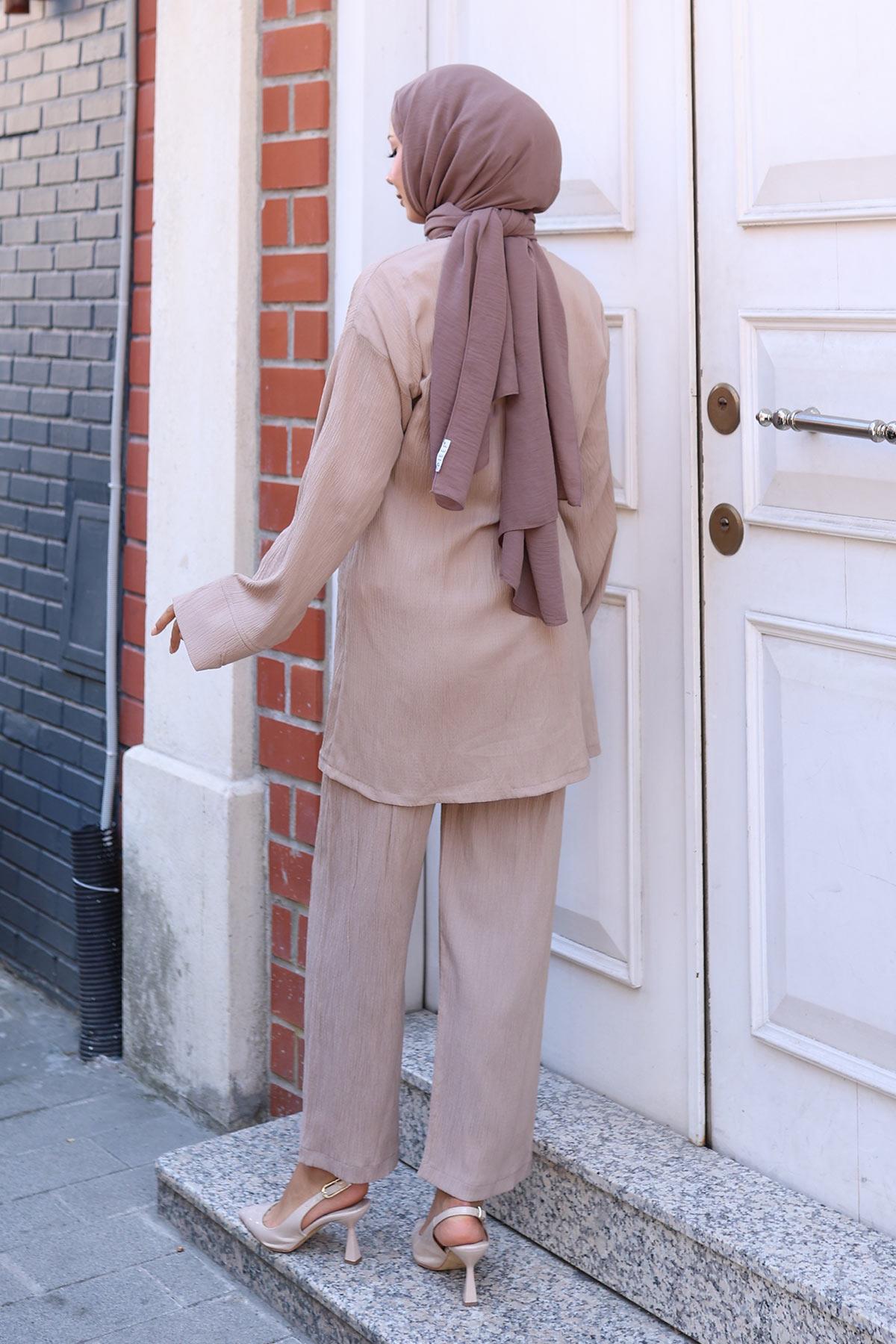 Bağlama Detaylı Kimono Takım Vizon