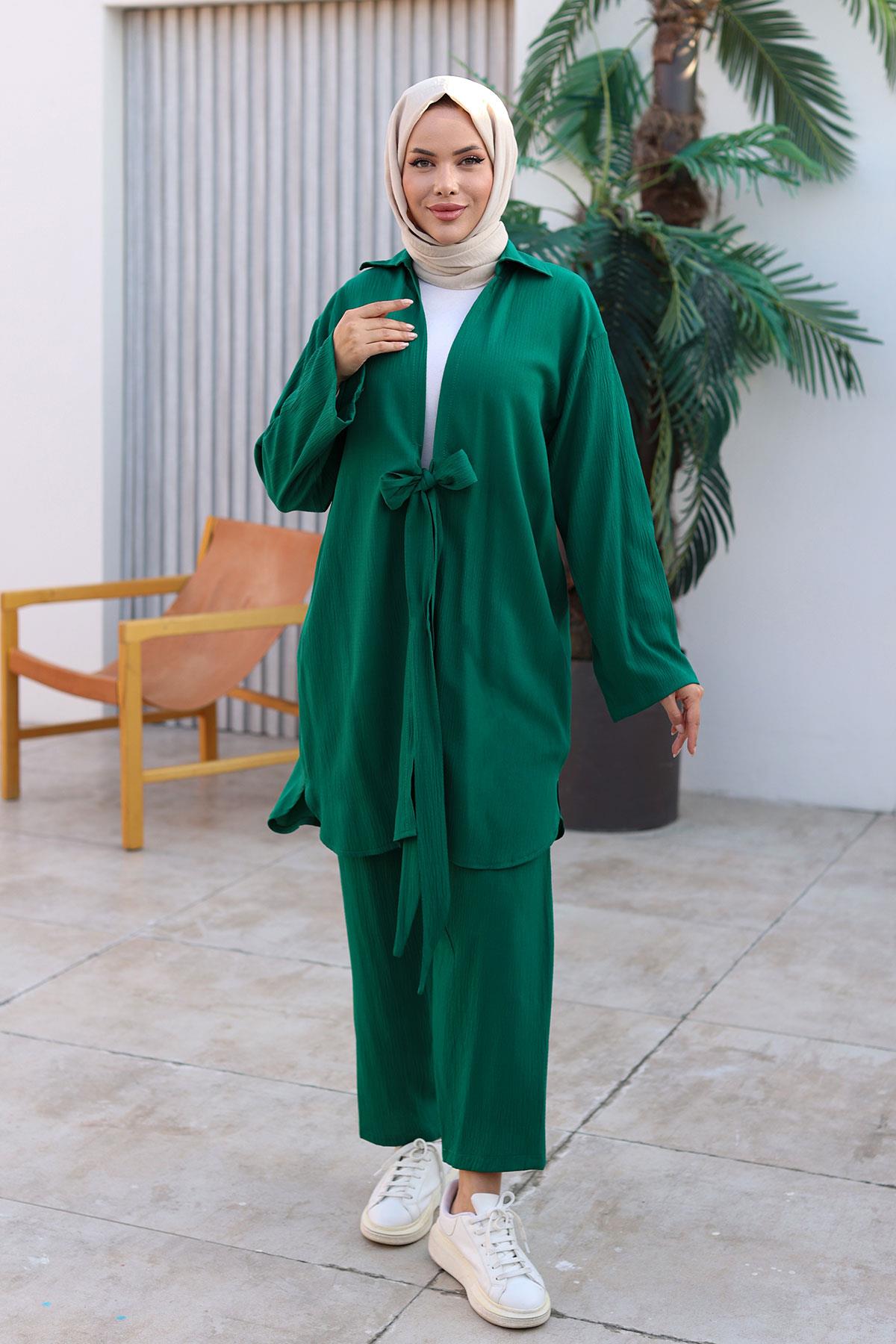Bağlama Detaylı Kimono Takım Yeşil 1225