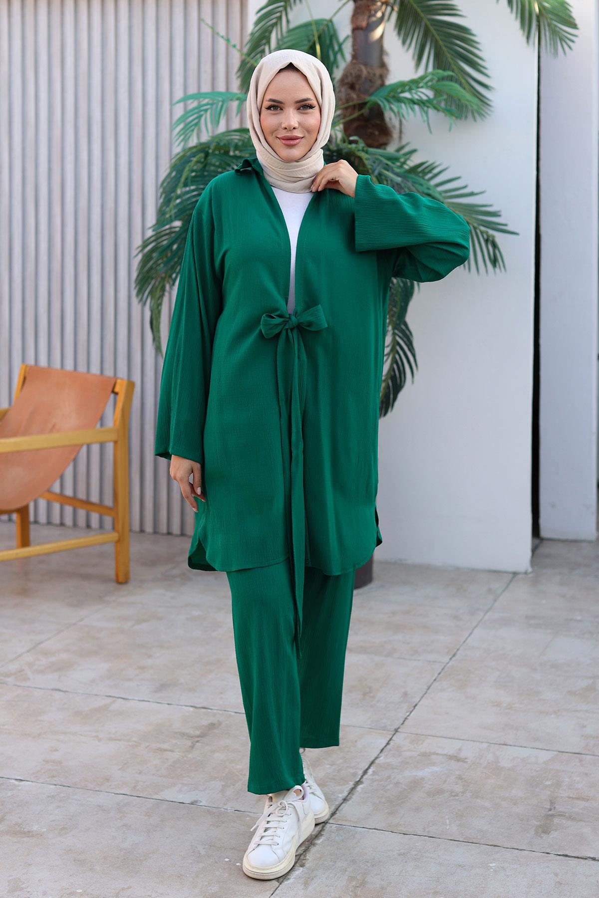 Bağlama Detaylı Kimono Takım Yeşil 1225
