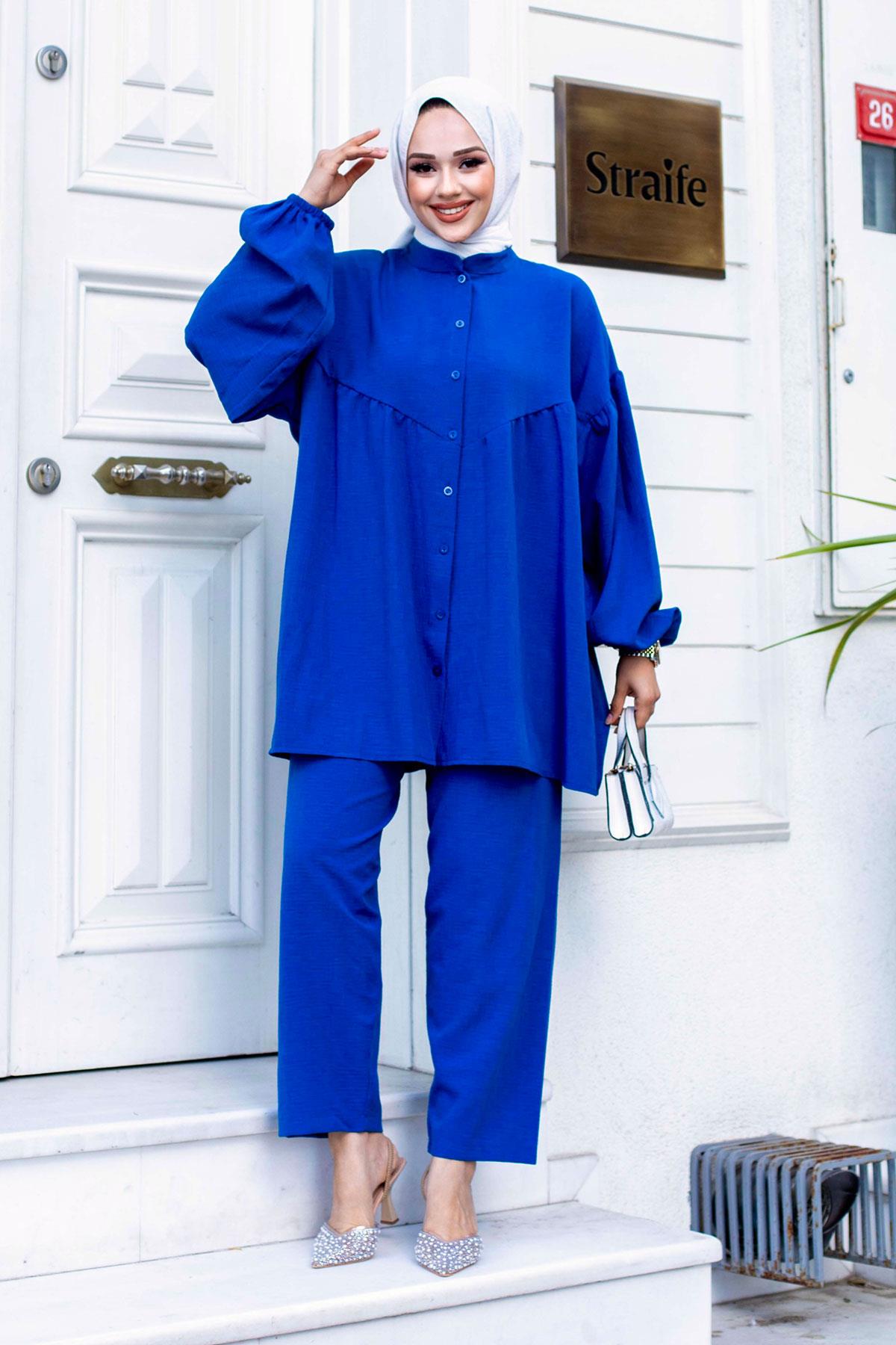 Balon Kol Tesettür İndigo Takım 