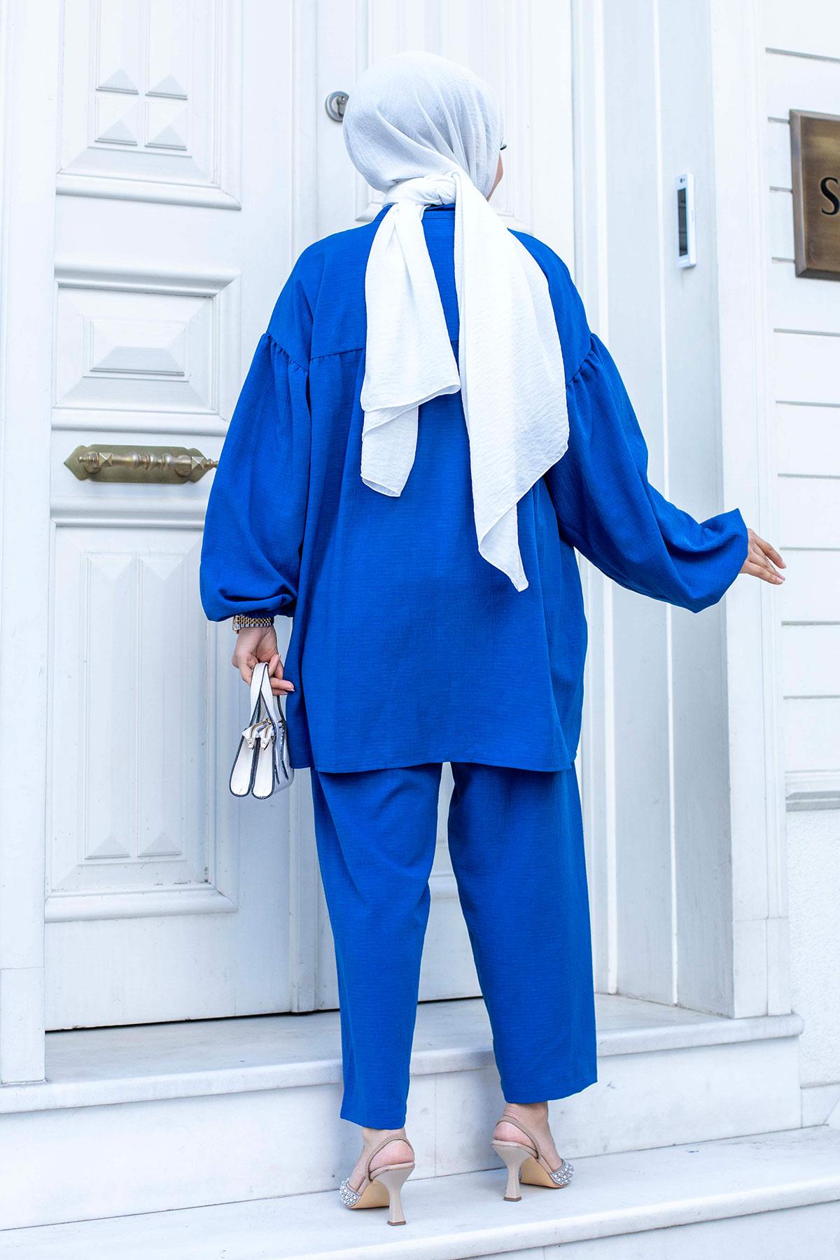 Balon Kol Tesettür İndigo Takım 