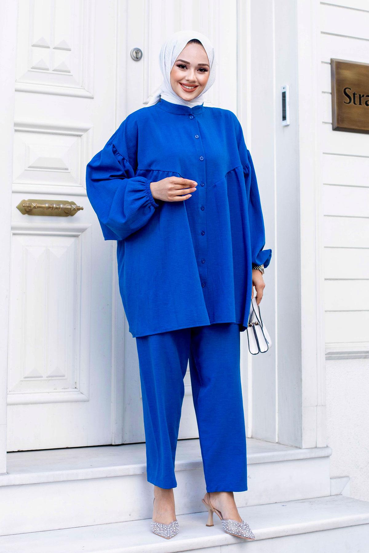 Balon Kol Tesettür İndigo Takım 