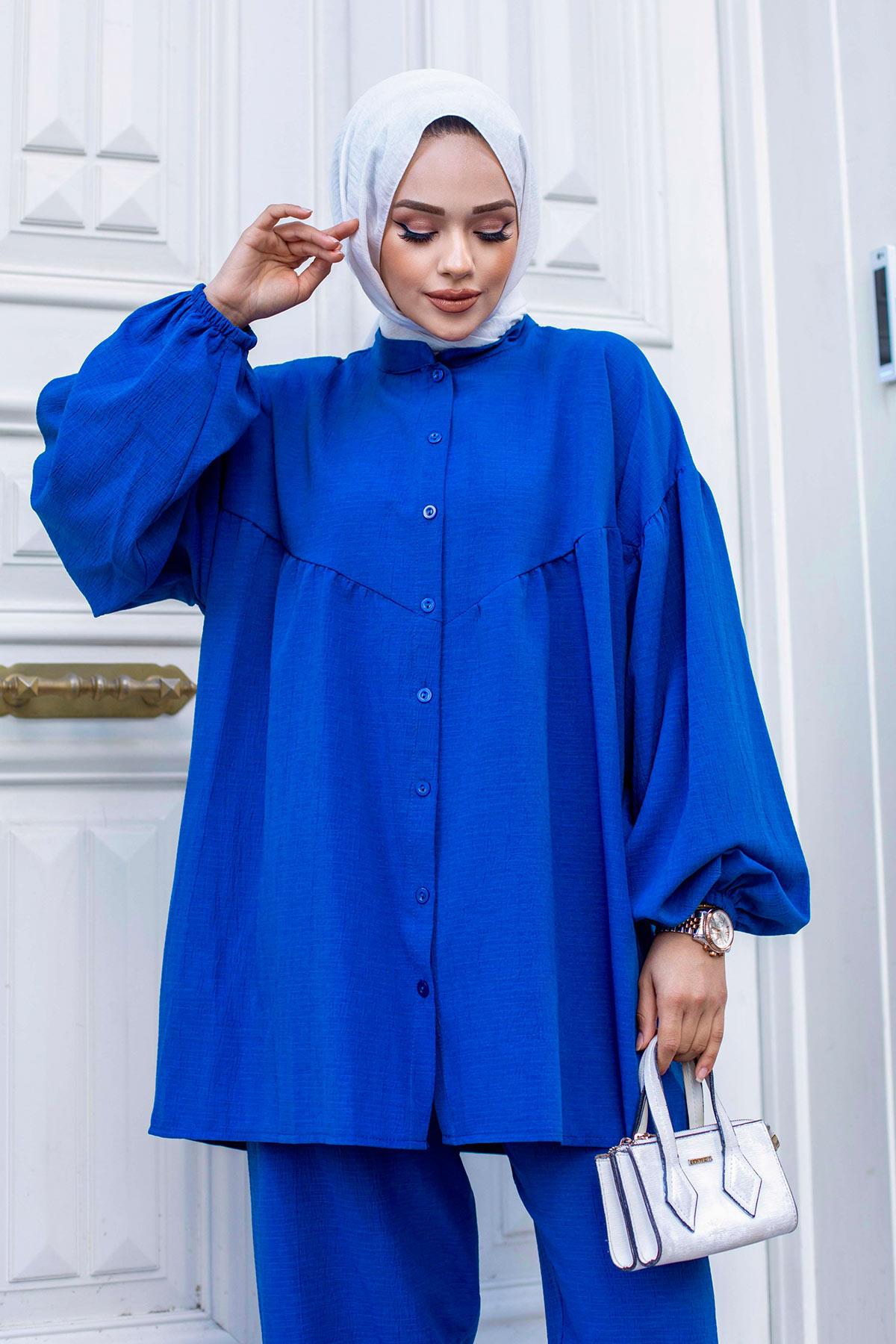 Balon Kol Tesettür İndigo Takım 