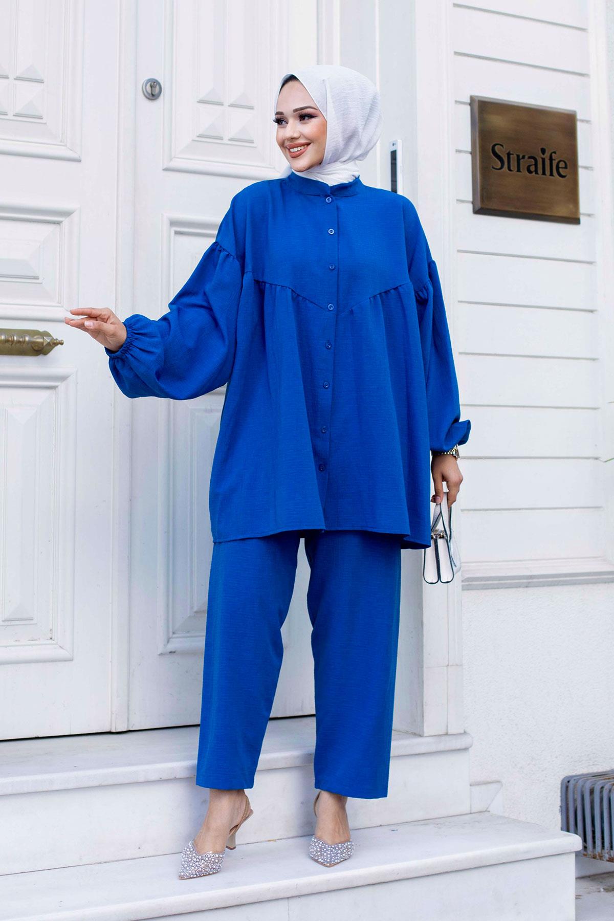 Balon Kol Tesettür İndigo Takım 