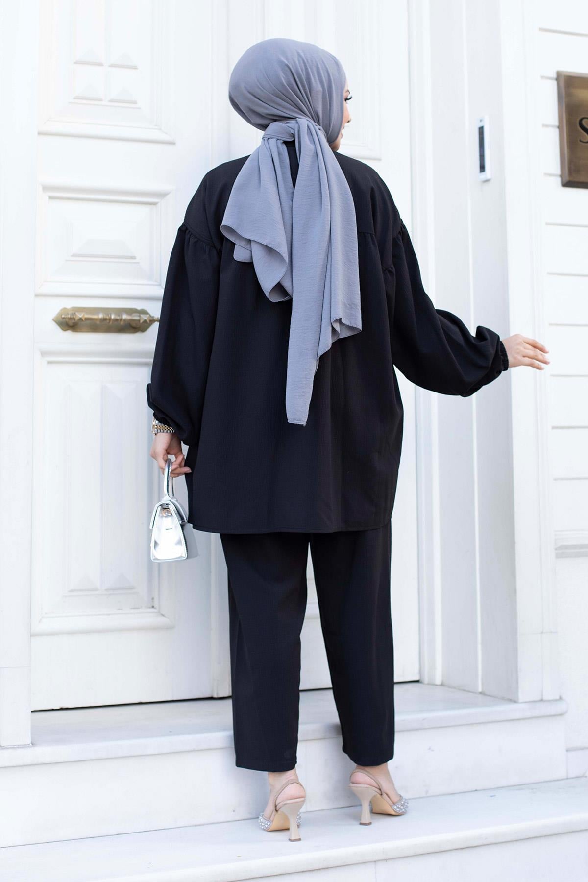 Balon Kol Tesettür Siyah Takım 