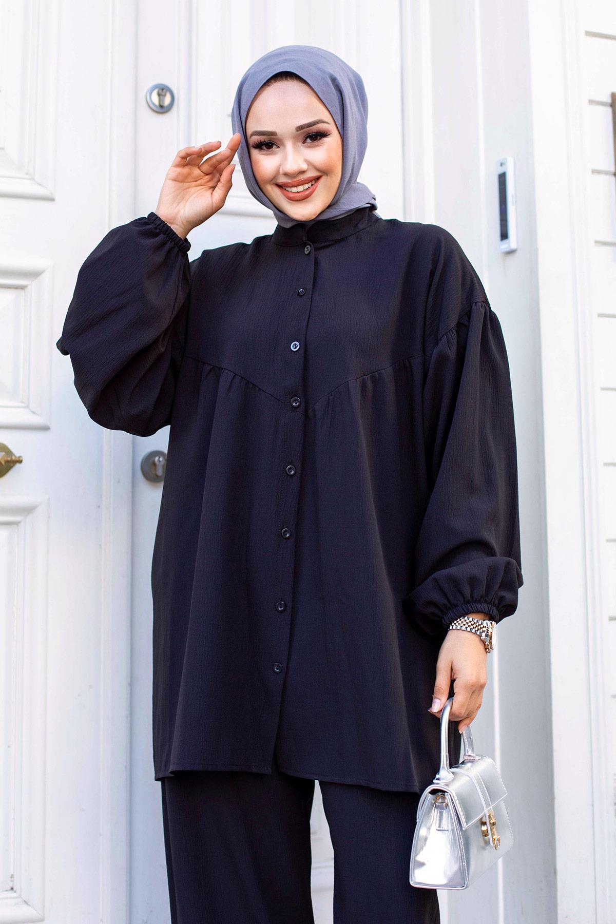 Balon Kol Tesettür Siyah Takım 