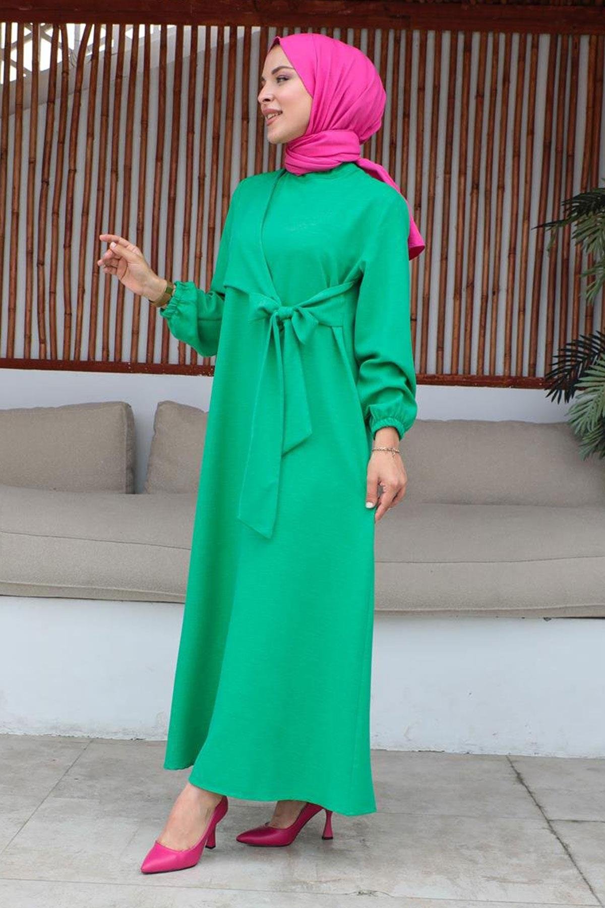 Bel Bağlama Detaylı Tesettür Açık Yeşil elbise